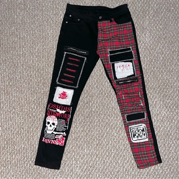 Men’s Red and Black Plaid Punk Inspired Jeans - Picture 1 of 6